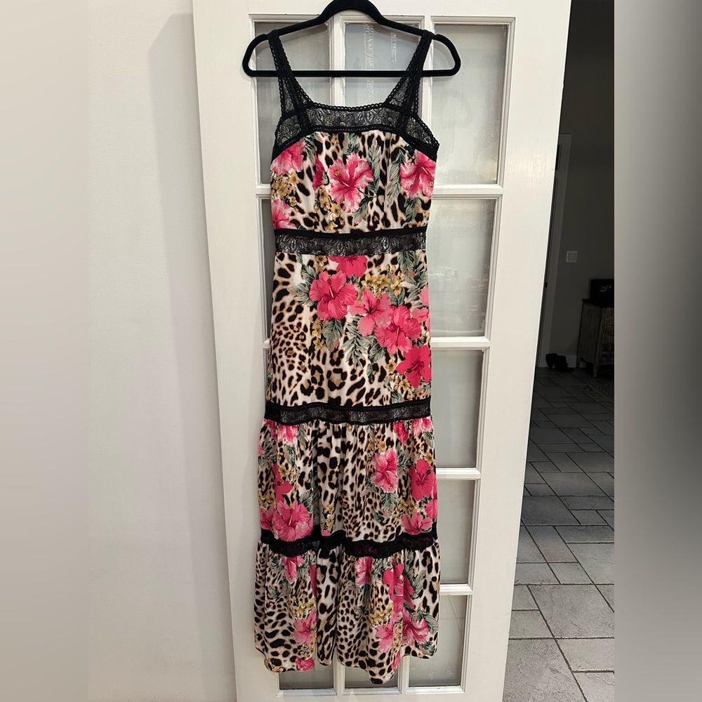 Vintage Boston Proper Y2K Floral Hibiscus Leopard Print Lace Maxi Dress Size 6